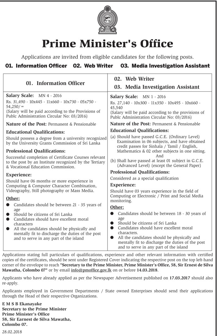 Information Officer, Web Writer, Media Investigation Assistant - Prime Ministerâ€™s Office